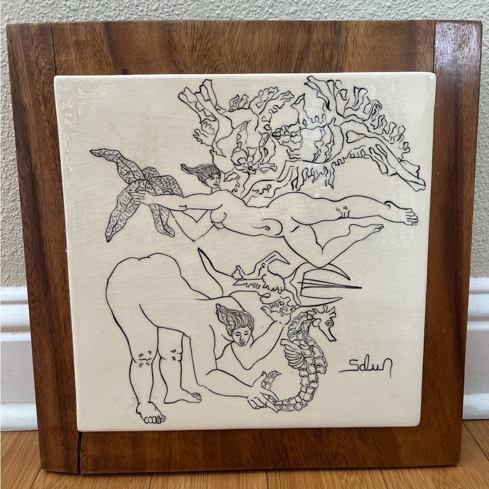 Vntg Mid Century Modern Figure Art Ceramic Handmade Signed Wood Frame